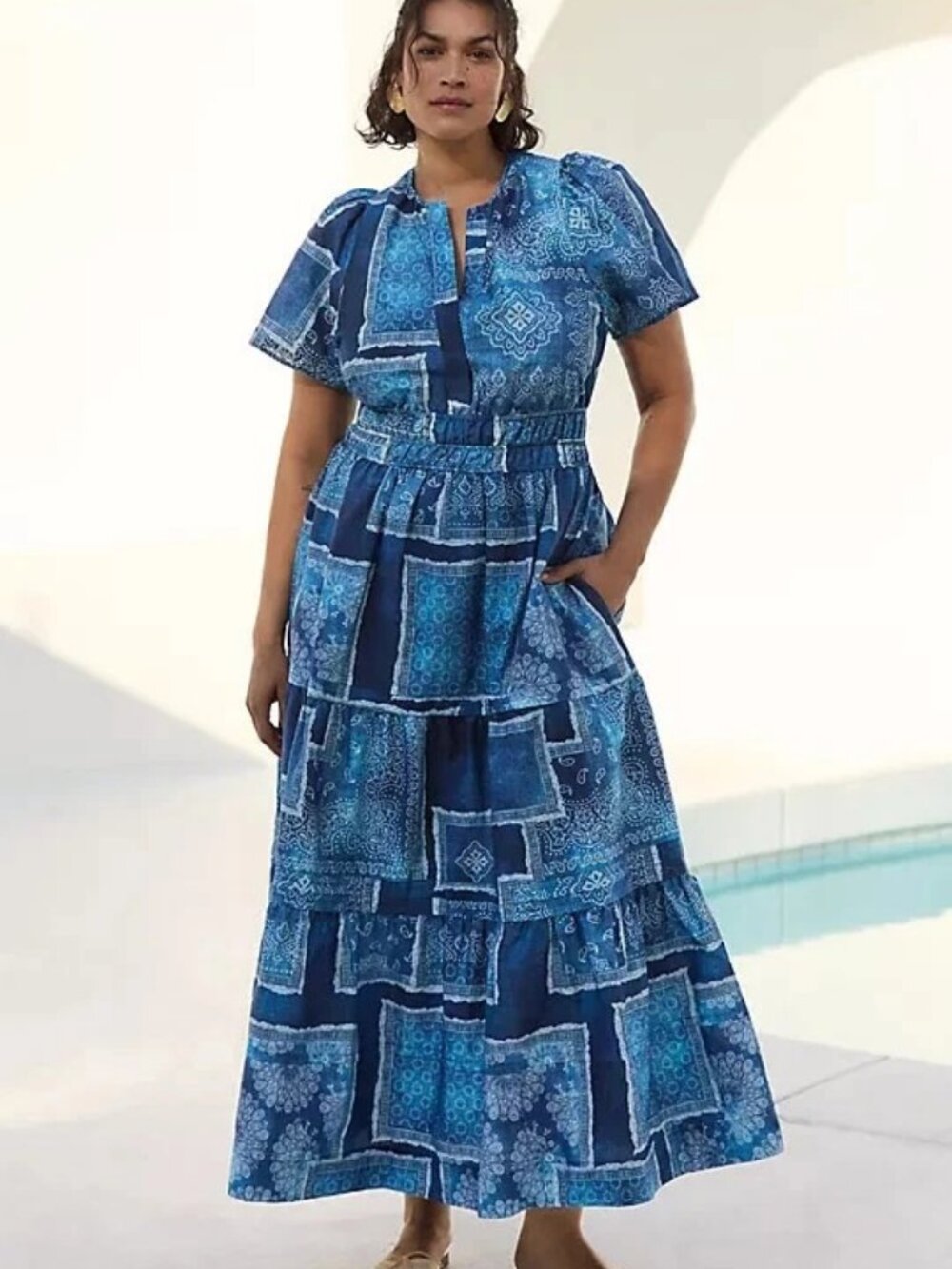 Anthropologie Somerset Maxi Dress Patchwork Banda Blue Womens XXS Smocked Waist